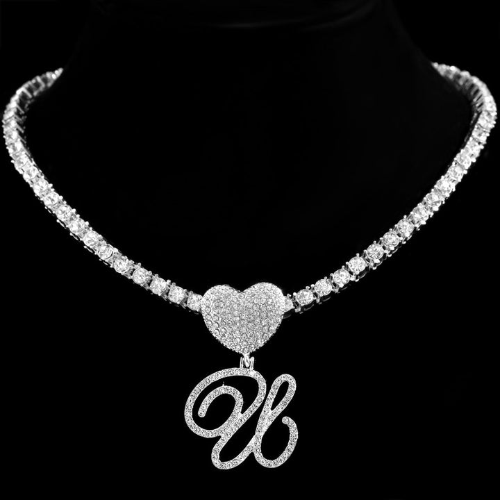 Heart Charm Crystal Initial Necklace
